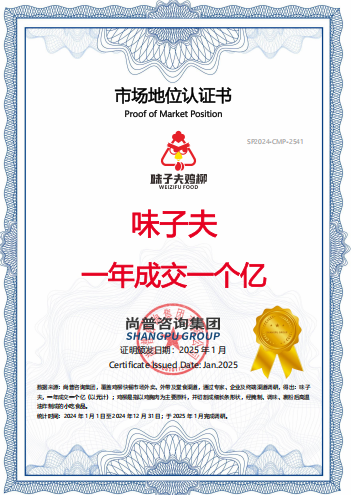 尚普咨询集团 2025年1月颁发 味子夫 一年成交一个亿 市场地位认证证书